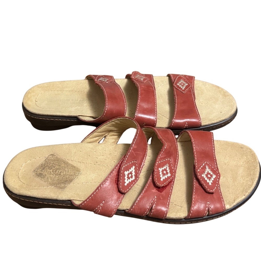 Naturalizer Kane Sandals Womens 10M Red Leather Triple Strap Slide Good Comfort